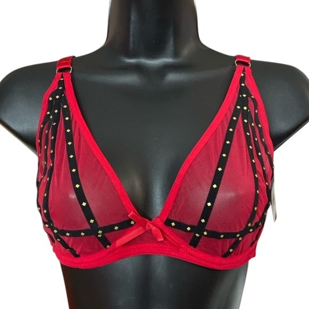 Frederick's Rozlyn Sheer Mesh Stud Plunge Underwire Bra 32D Red Black Gold NWT